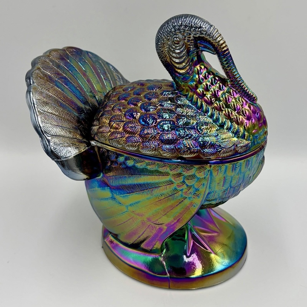 Vtg L.E. Smith 7" Amethyst Carnival Glass Turkey on Nest Candy Dish Iridescent